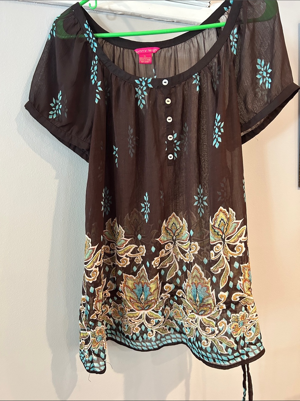Sunny Leigh Brown Sheer Tunic with Turquoise and Cream Embroidery